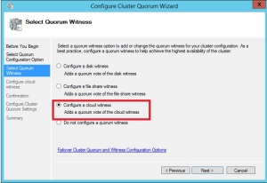 Cloud witness option in the quorum configuration wizard