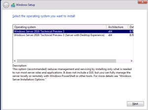 Figure 1. Windows Server 2016 TP3 Installation Options